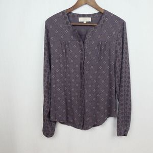 Loft Mixed Material Blouse Sz L Dark Purple Medallion Foulard Print Knit Body